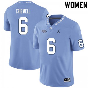 Women's North Carolina Tar Heels #6 Jacolby Criswell Carolina Blue Football Jerseys 233683-476