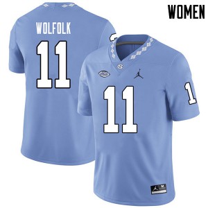 Womens University of North Carolina #11 Myles Wolfolk Carolina Blue Jordan Brand College Jerseys 356723-956